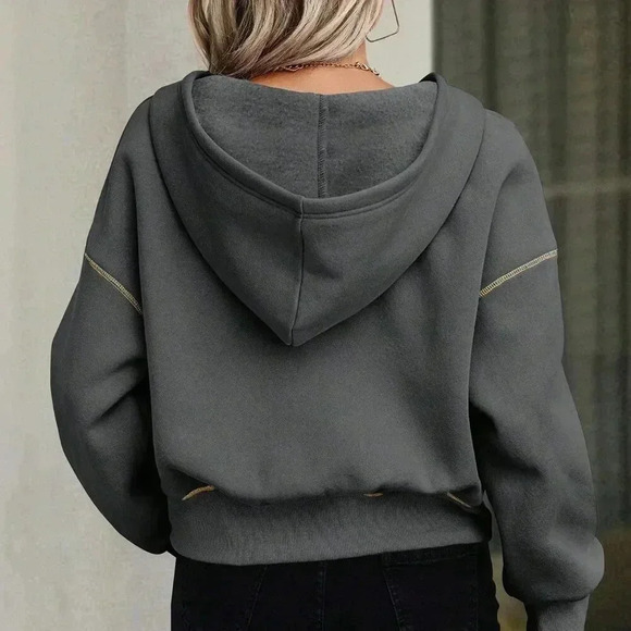 Dark Grey Casual Women's Half-Zip Hooded Sweatshirt - Picture 3 of 6